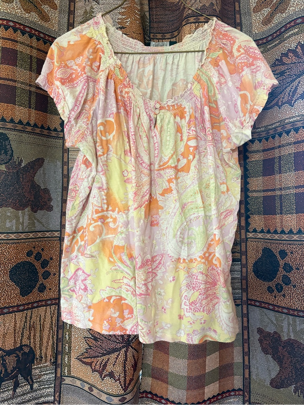 Ralph Lauren Pastel Paisley Flutter-Sleeve Blouse — Pink, Orange, Yellow